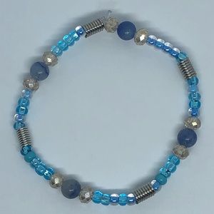 Mixed Bead Blue + Silver Stretchy String Bracelet